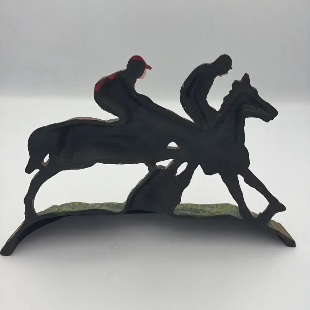 Vintage Cast Iron Door Stop Equestrians on Horseback Racing Jockey on Horse 8x11